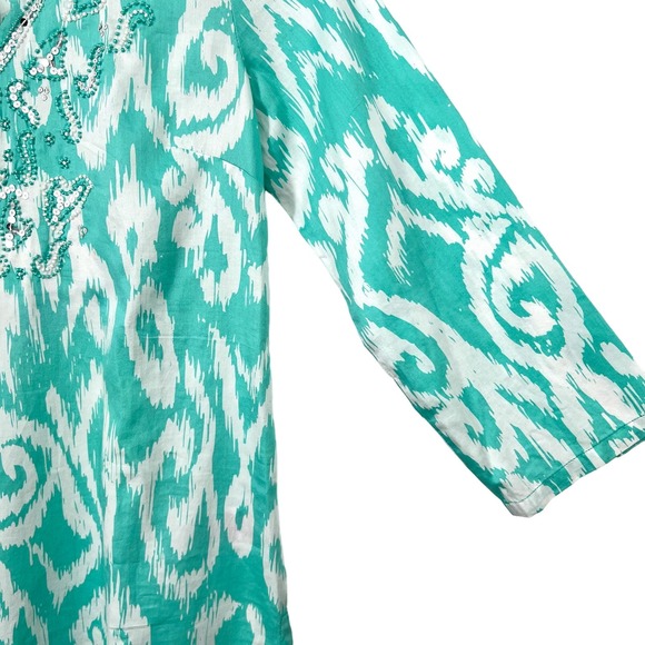 Brooks Brothers 346 Womens Sz XS Teal Green Beaded Tropical Blouse Shirt Top - Picture 6 of 10